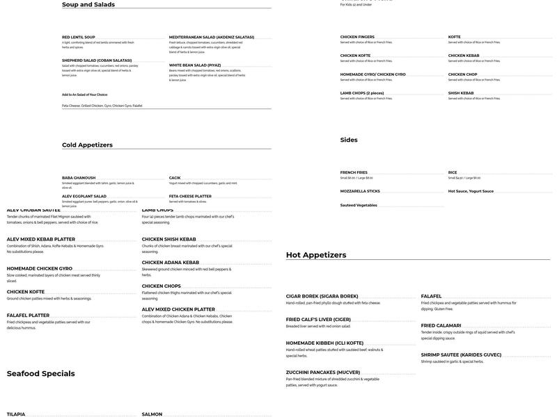 Alev Mediterranean Grill Menu