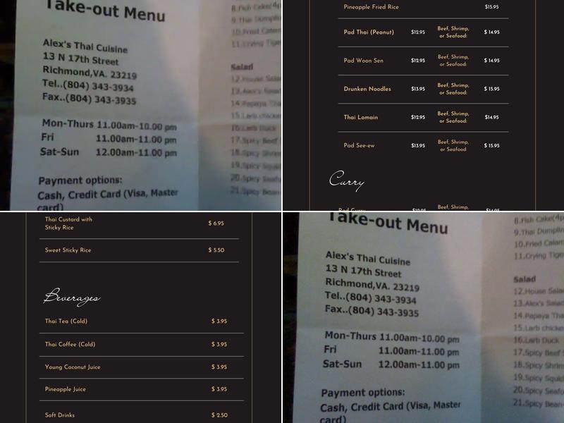 Alex's Thai Cuisine Menu