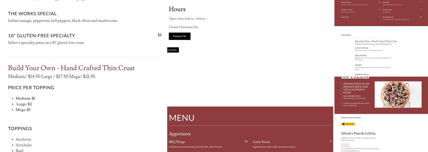Alfredo's Pizza Menu
