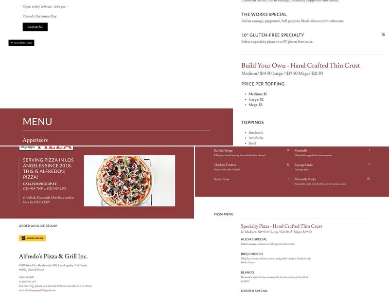 Alfredo's Pizza Menu