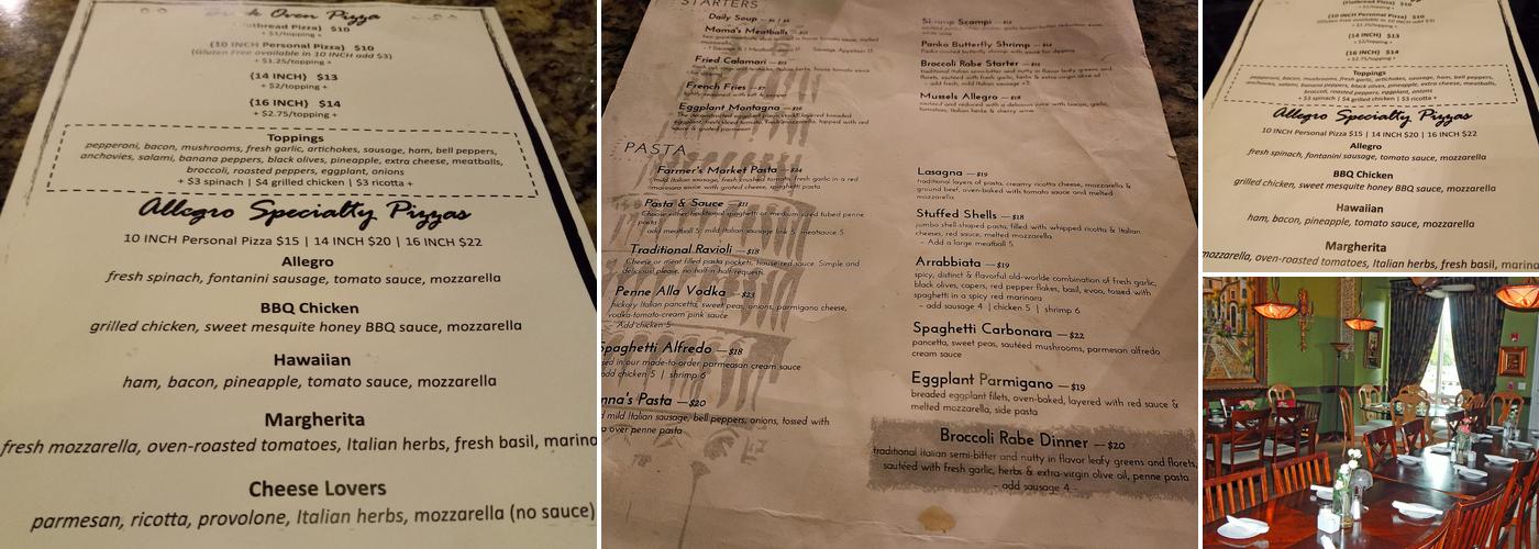Allegro Bistro Menu
