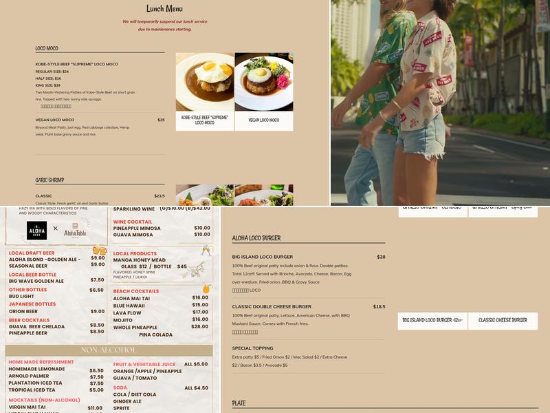 ALOHA TABLE Waikiki Menu