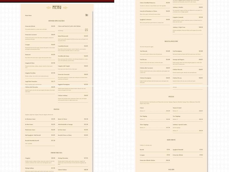 Anthony's Italian Cuisine Menu