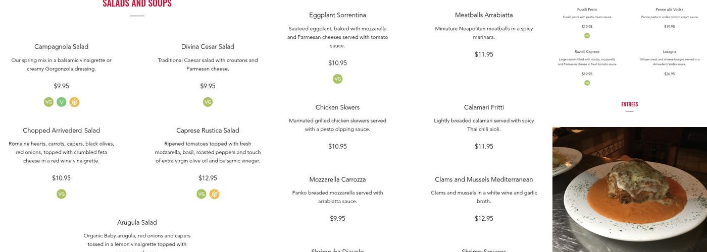 Arrivederci Trattoria Menu