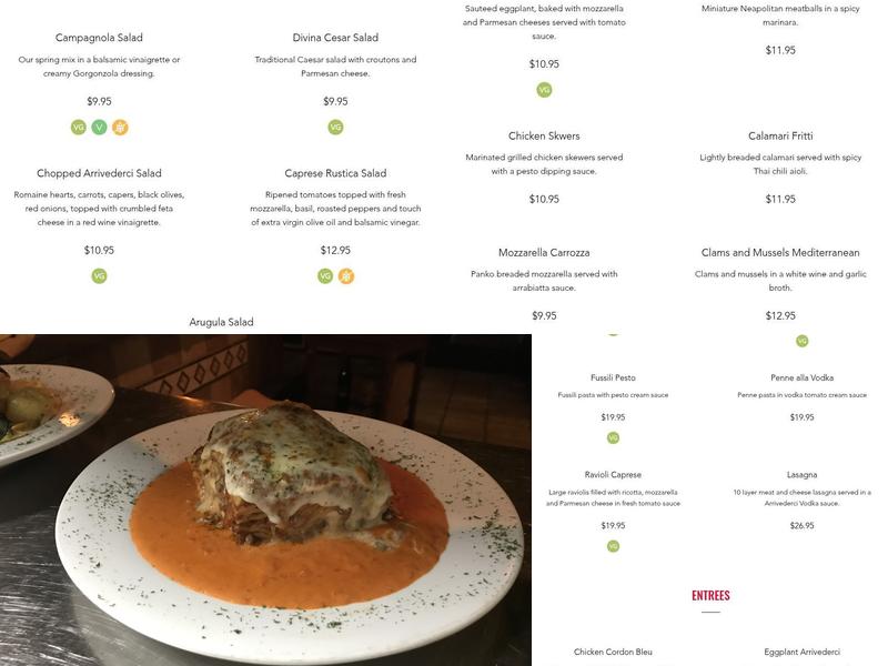 Arrivederci Trattoria Menu