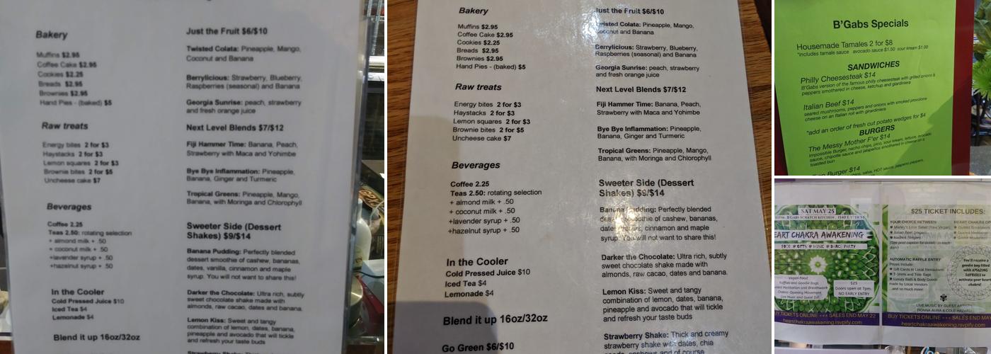 B'Gabs Comfort Cafe Menu