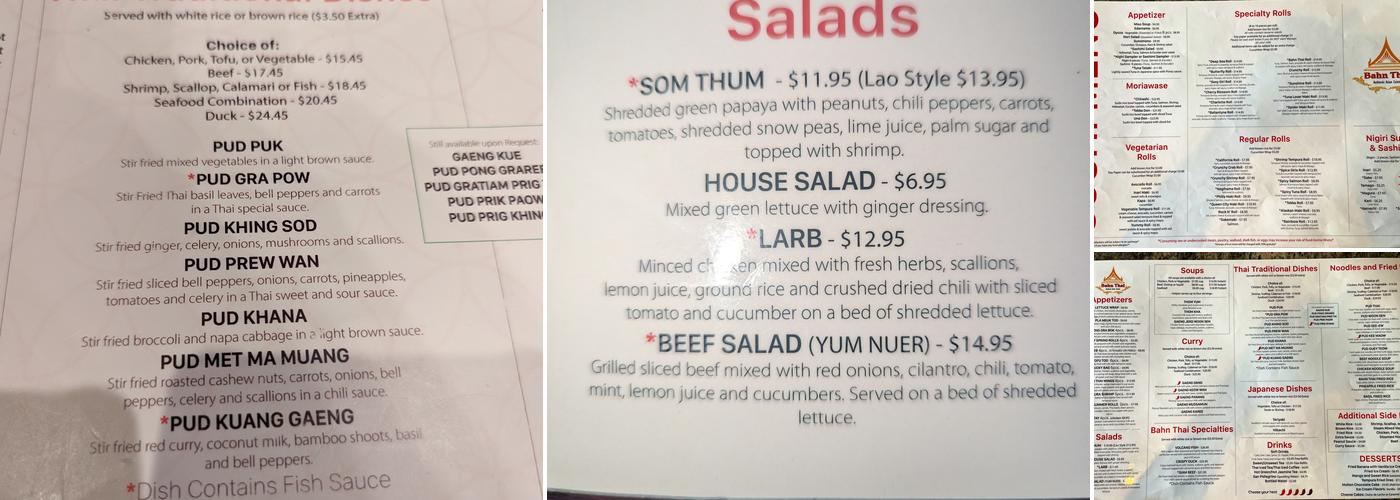Bahn Thai Menu
