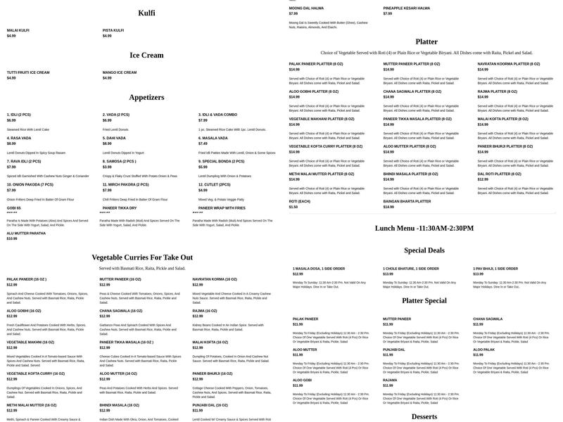 Banglore Express Menu