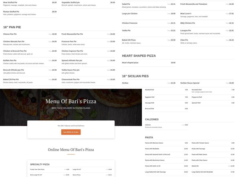 Bari's Pizza Menu
