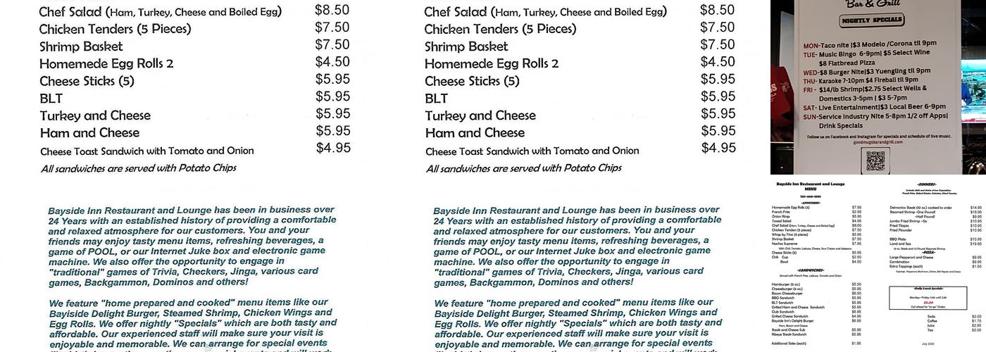 Bayside Inn Restaurant & Lounge Menu