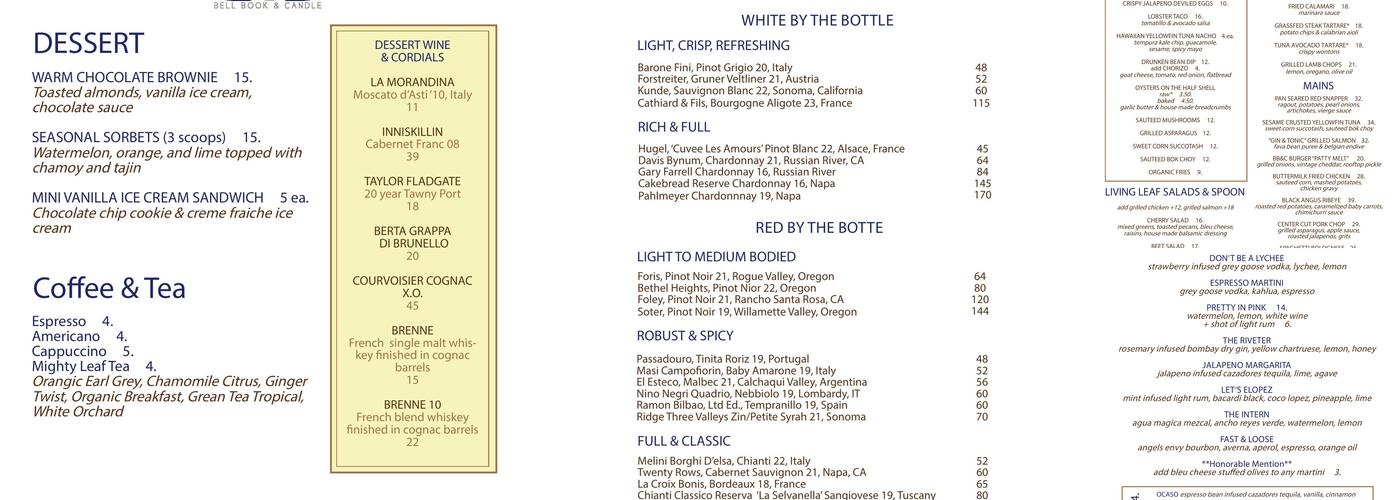 Bell Book & Candle Menu