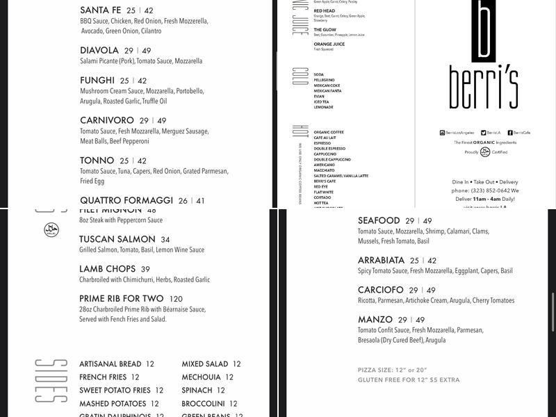 berri's Cafe Menu