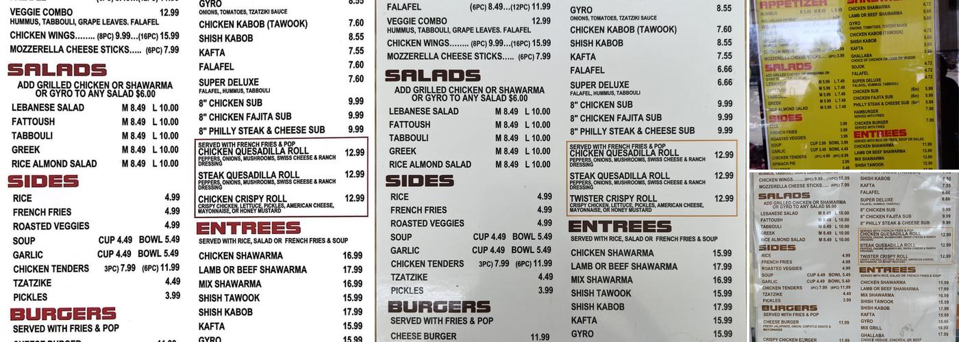 Billi's Shawarma Menu