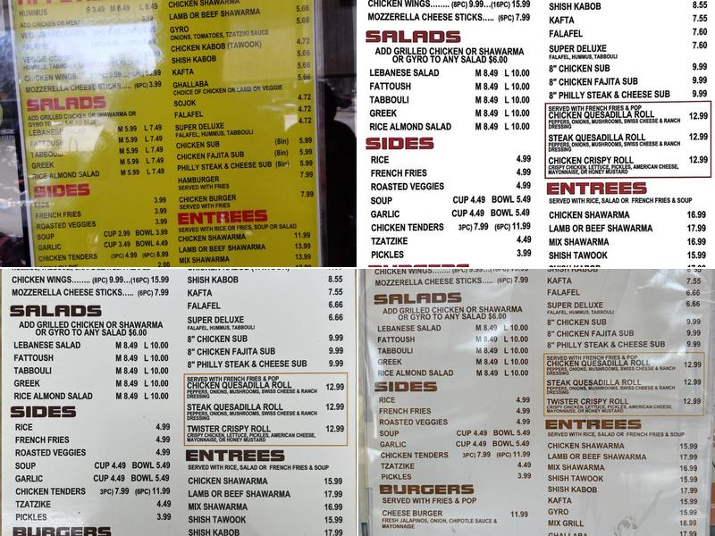 Billi's Shawarma Menu