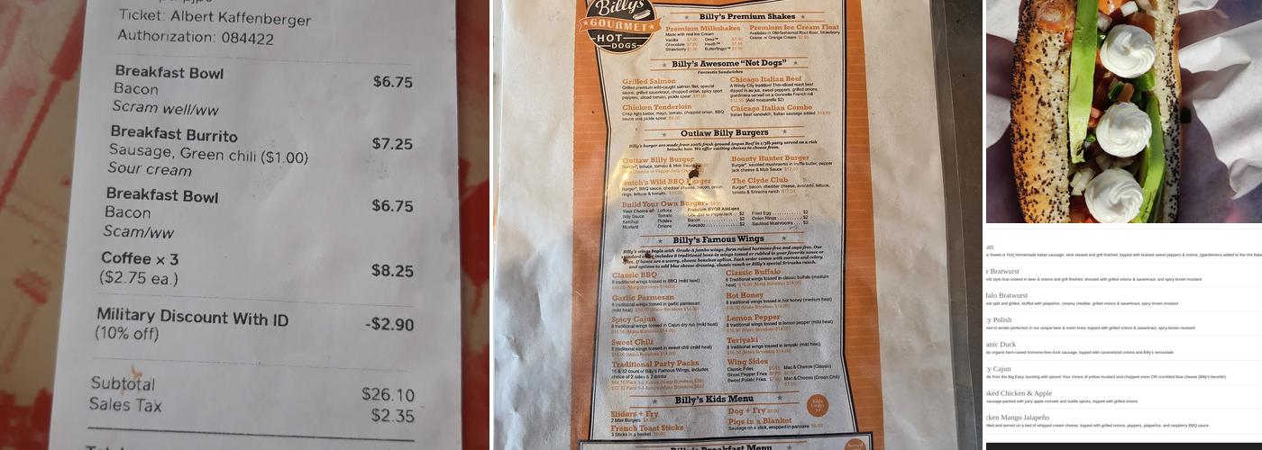 Billy’s Gourmet Hot Dogs Menu