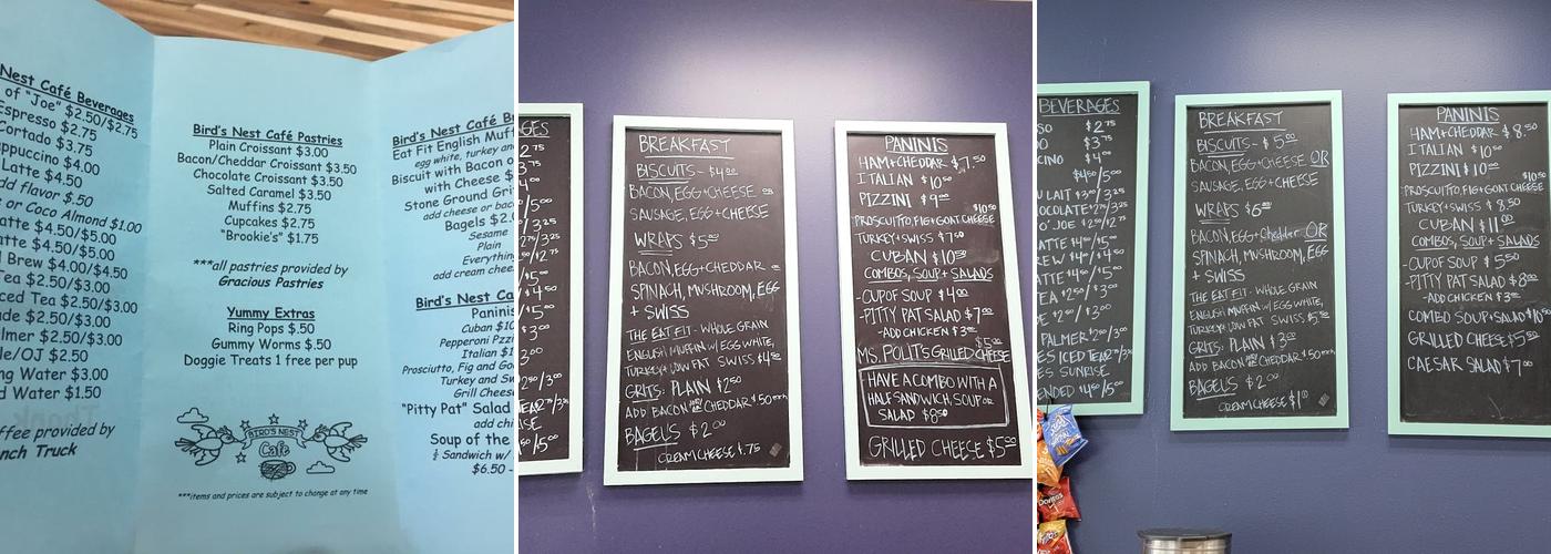 Birds Nest Cafe Menu