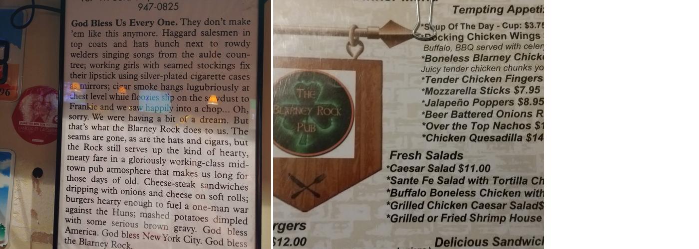 Blarney Rock Pub Menu