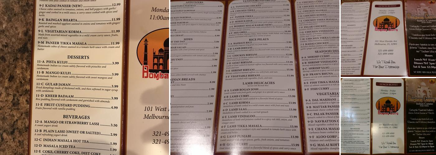 Bombay Curry Menu