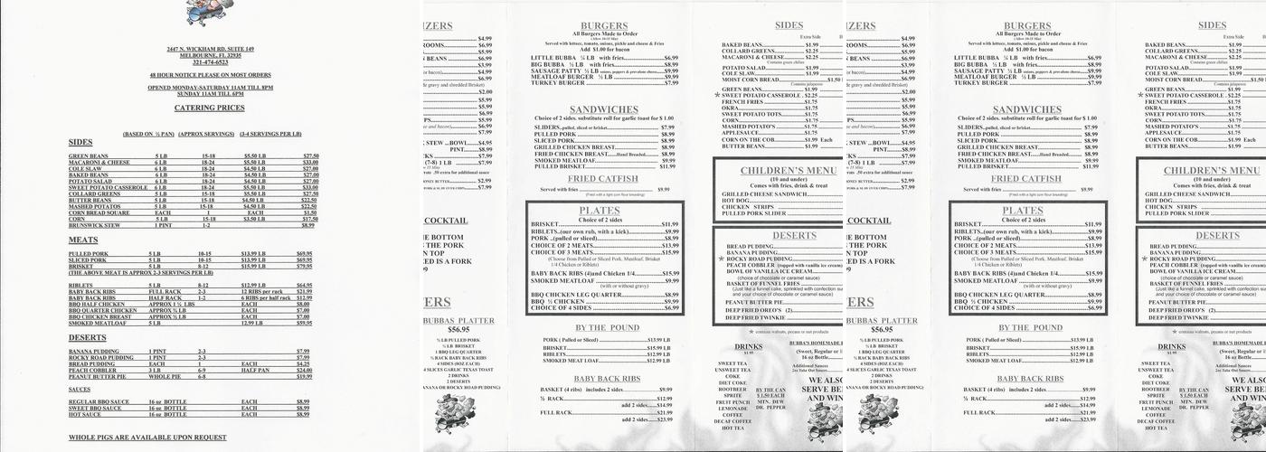 Bubbas Backyard BBQ Menu
