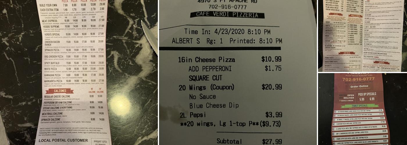 Cafe Verdi Pizzeria Menu