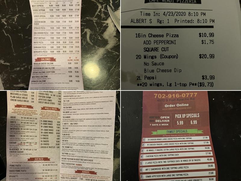 Cafe Verdi Pizzeria Menu