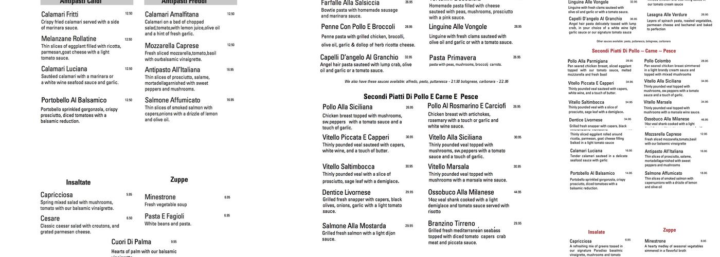 Caffé Paradiso Menu