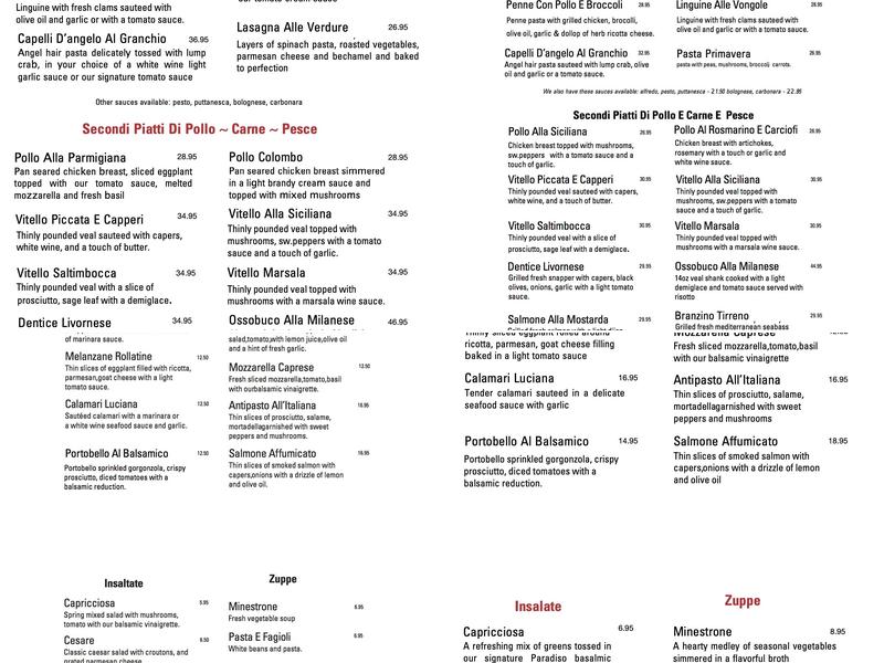 Caffé Paradiso Menu