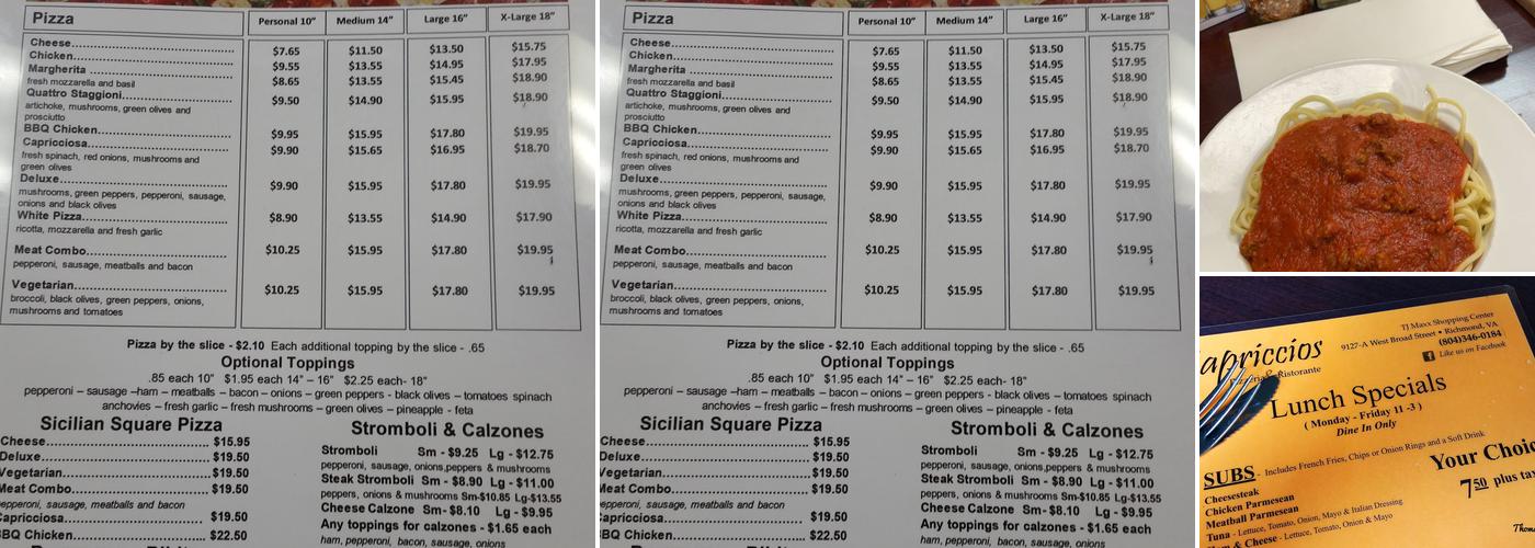 Capriccios Italian Restaurant Menu