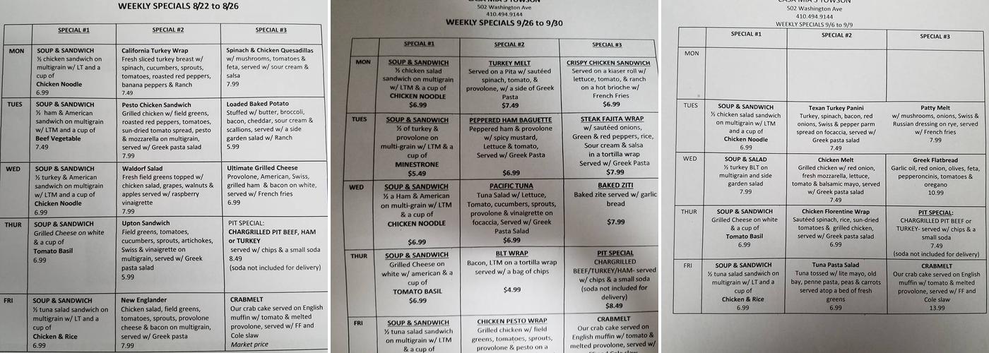 Casa Mias of Towson Menu