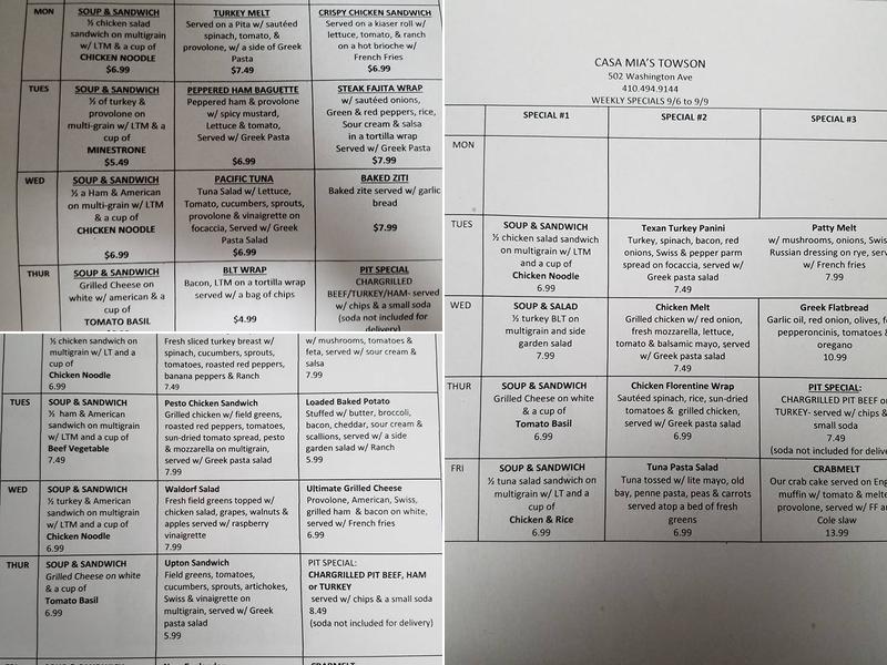 Casa Mias of Towson Menu