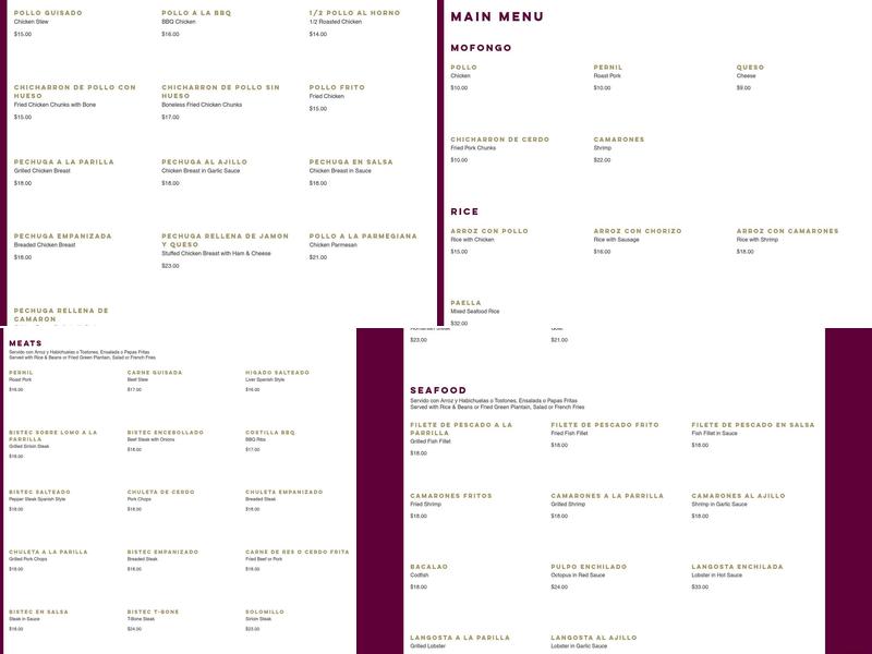 El Castillo de Jagua Menu