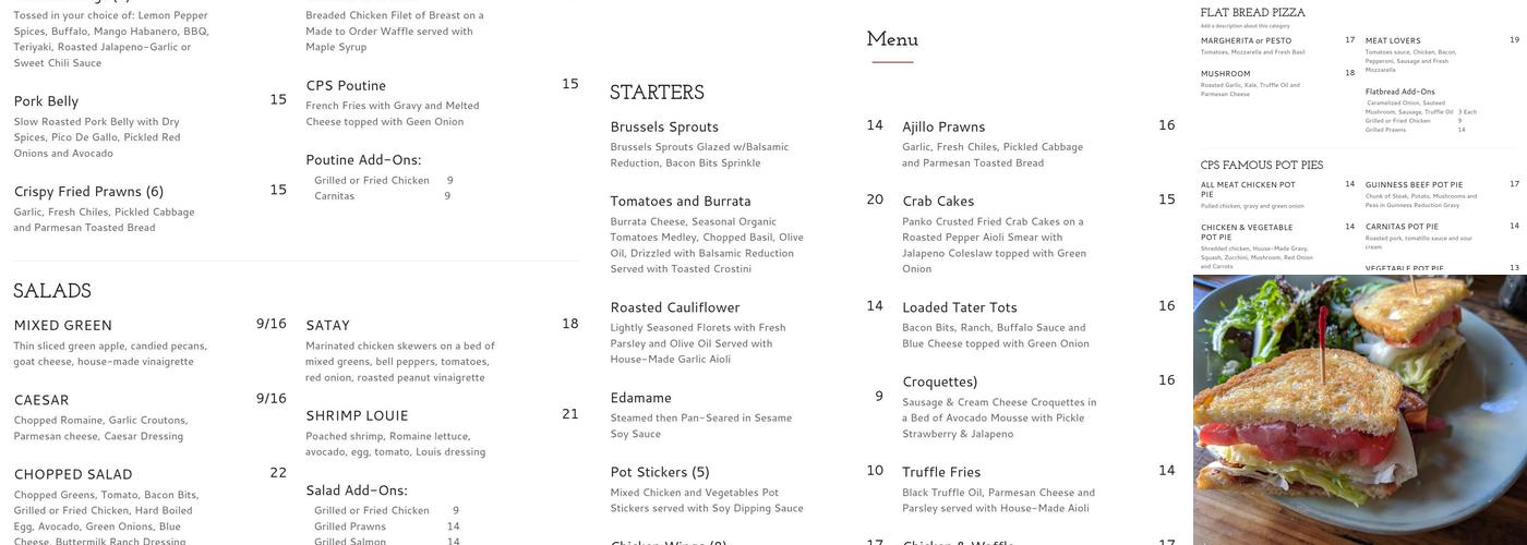 Chicken Pie Shop Menu