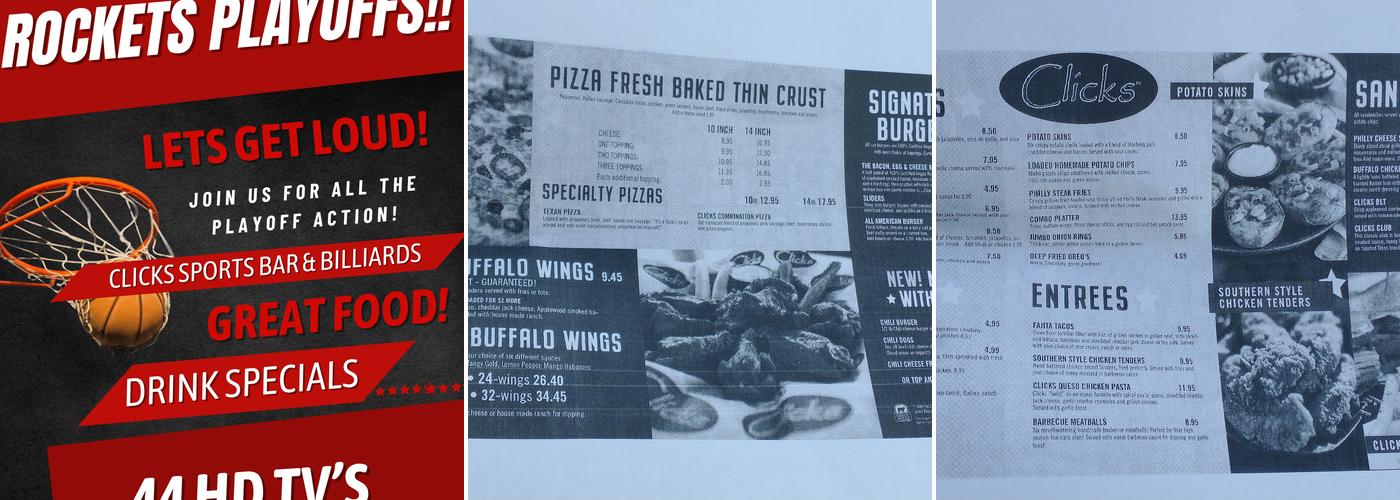 Clicks Billiards Menu