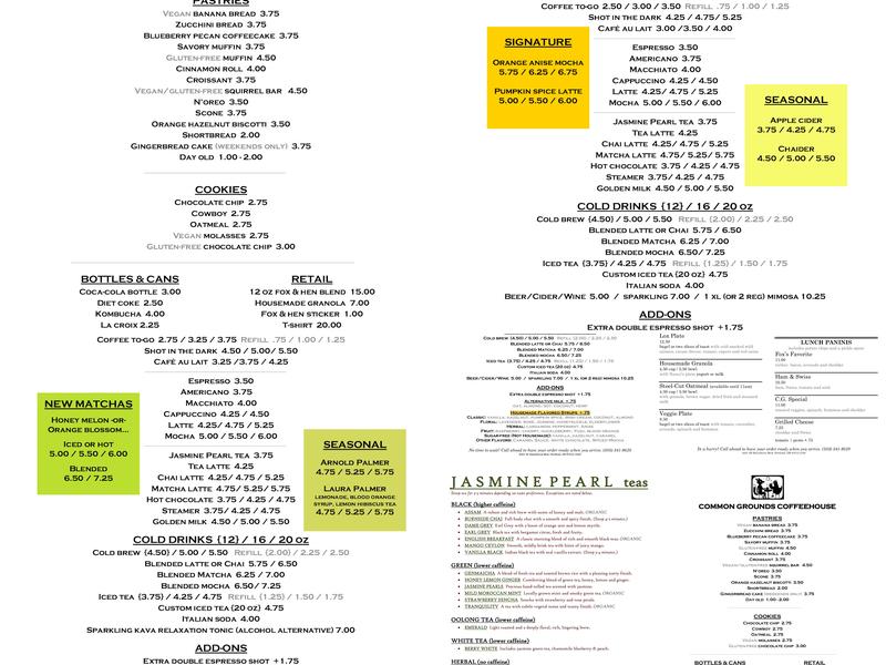 Common Grounds Coffeehouse Menu