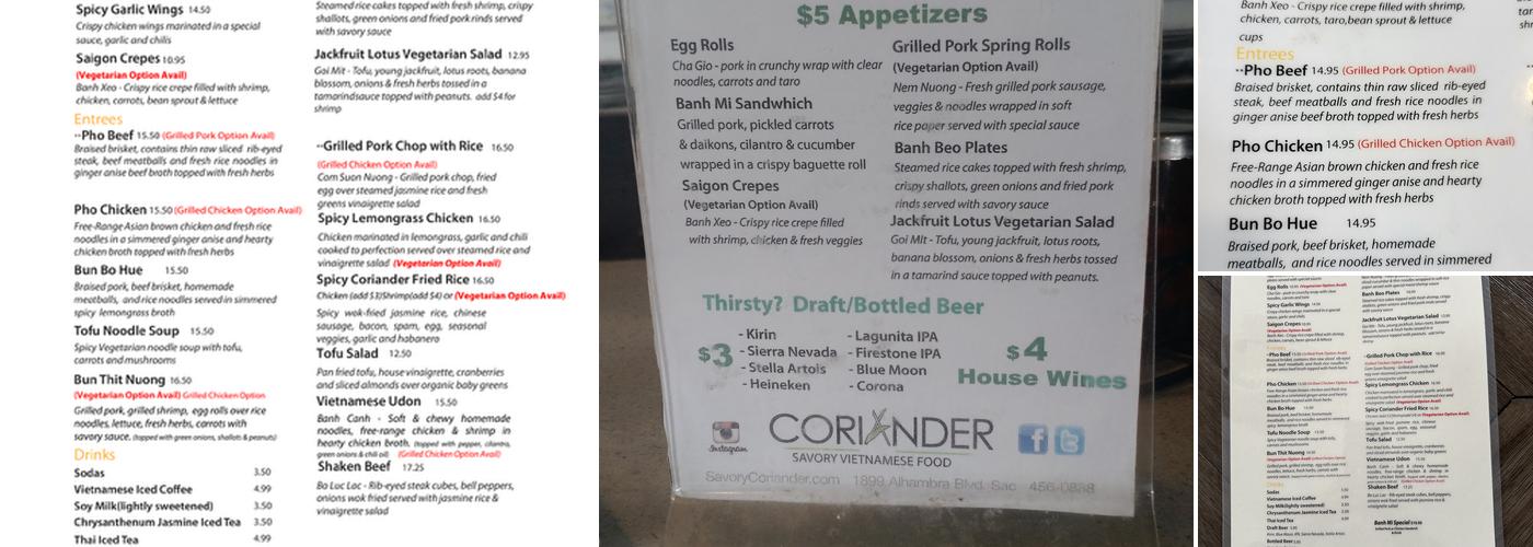 Coriander Menu
