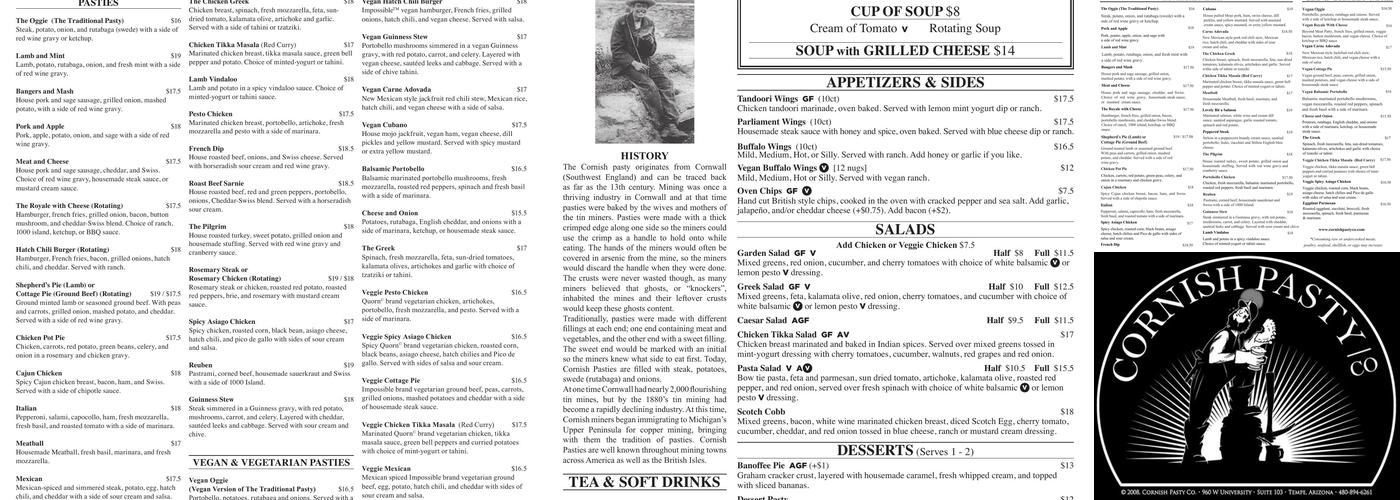 Cornish Pasty Co Menu