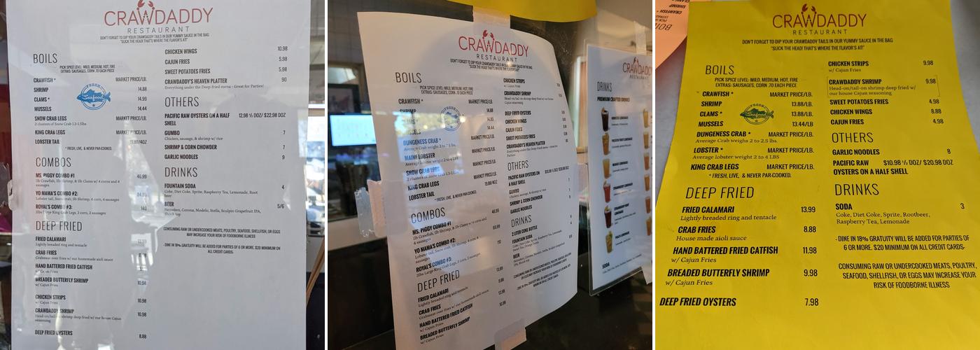 Crawdaddy Restaurant Menu