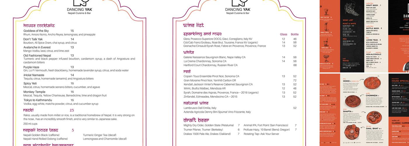 Dancing Yak Restaurant & Bar Menu
