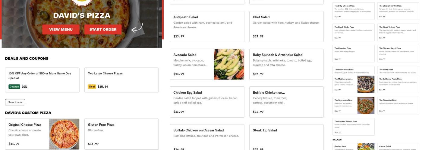 David's Pizza Menu