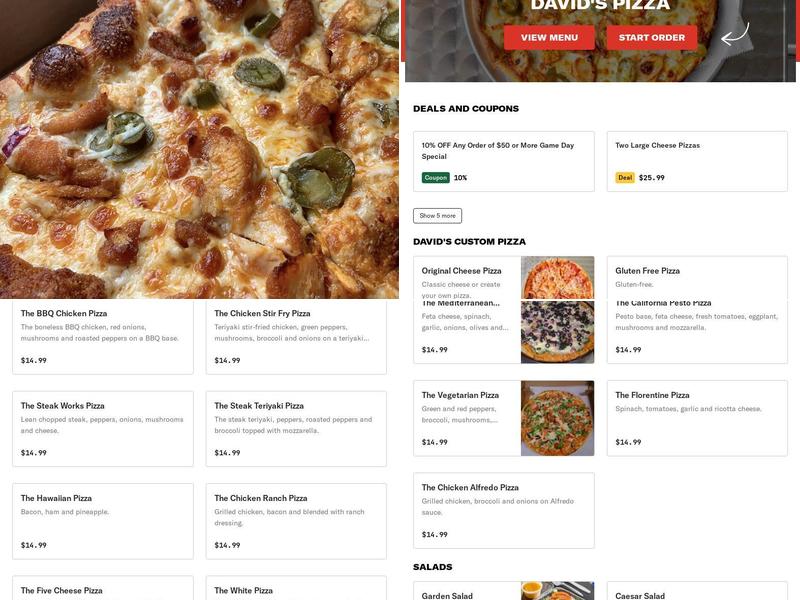 David's Pizza Menu