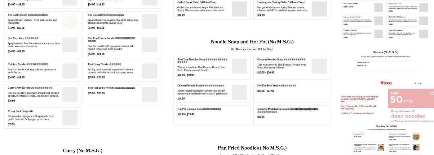 Dean Noodles Menu