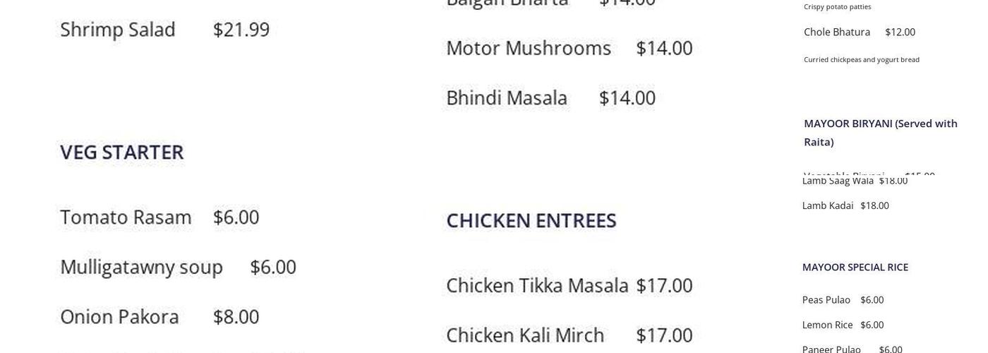 Mayoor Indian Bistro Menu