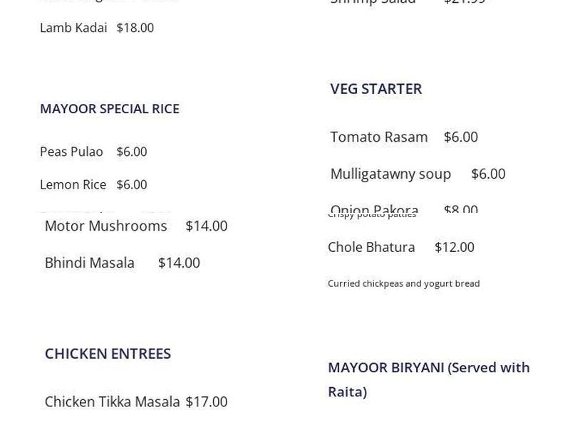 Mayoor Indian Bistro Menu