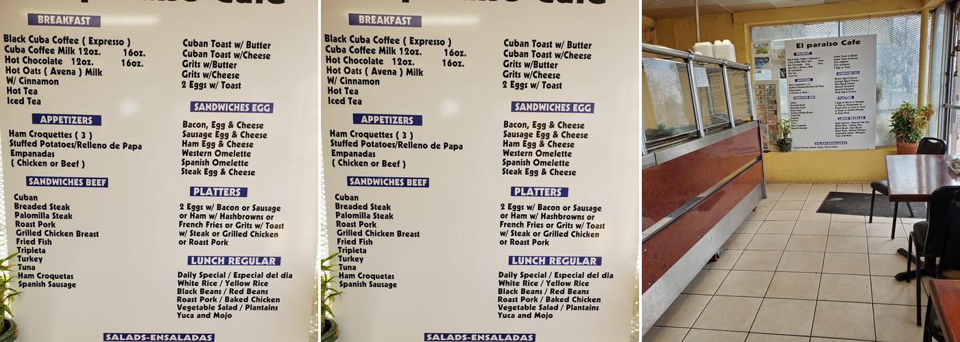 El Paraiso Cafe Menu