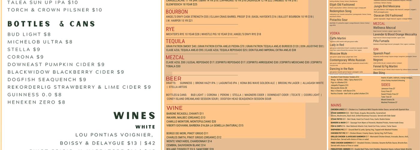 Fiddlesticks Pub Menu