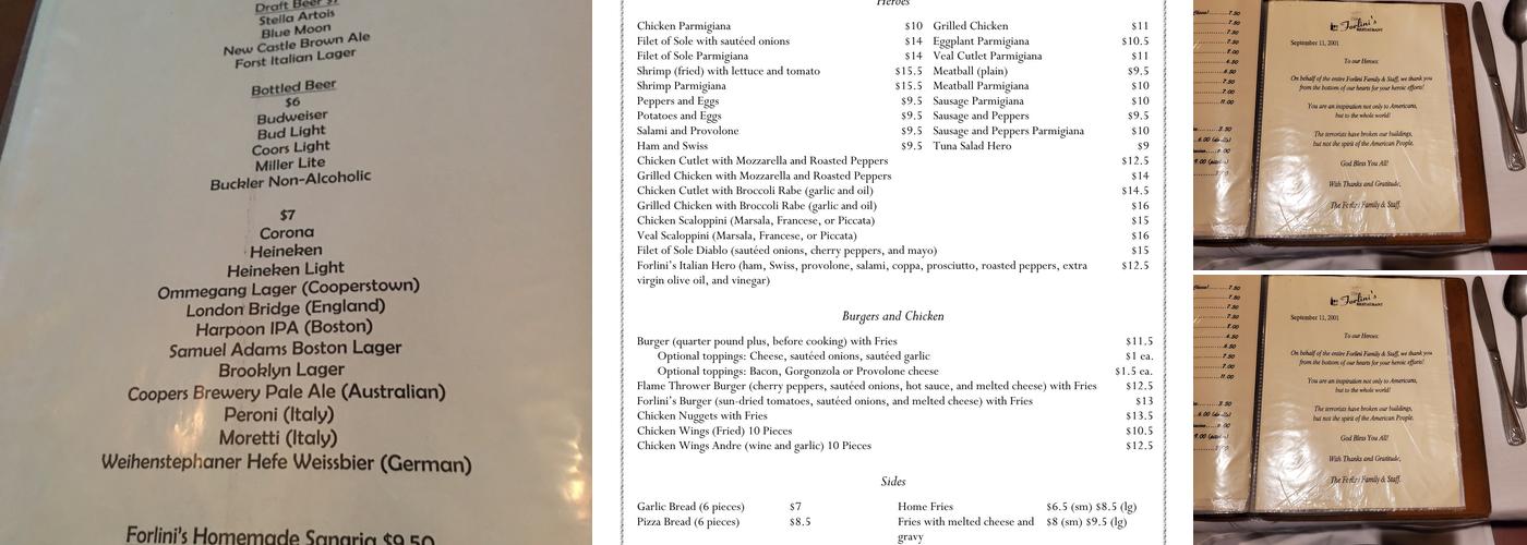 Forlini's Menu
