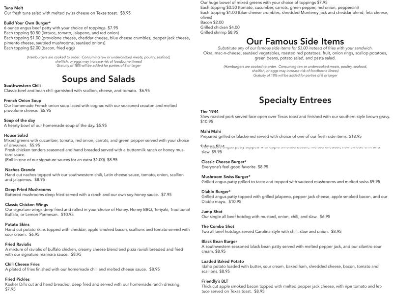 Friendly Billiards Menu