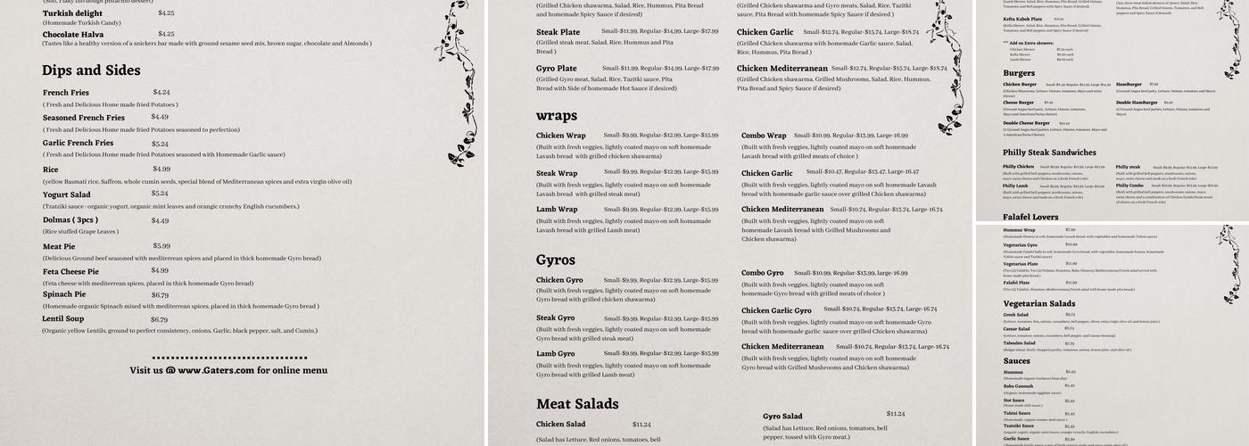 Gaters Restaurant Menu