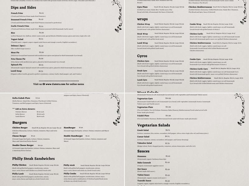 Gaters Restaurant Menu