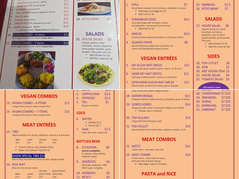 Ghion Ethiopian Restaurant Menu